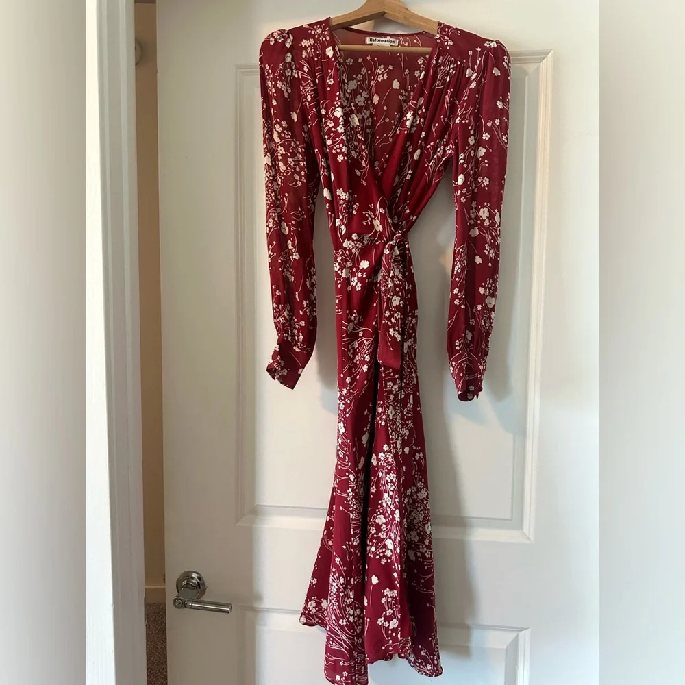 Reformation Red Floral Midi Wrap Dress - Picture 3 of 6